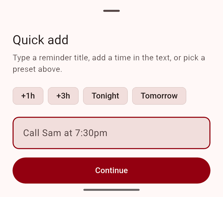 Quick add sheet with time presets and natural language input