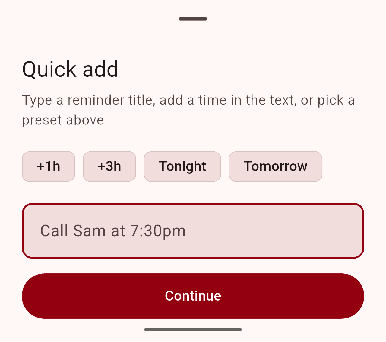 Quick add sheet with time presets and natural language input